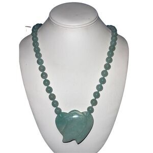 Huge Carved Double Heart Green Aventurine Semi Precious Beaded Vintage Necklace